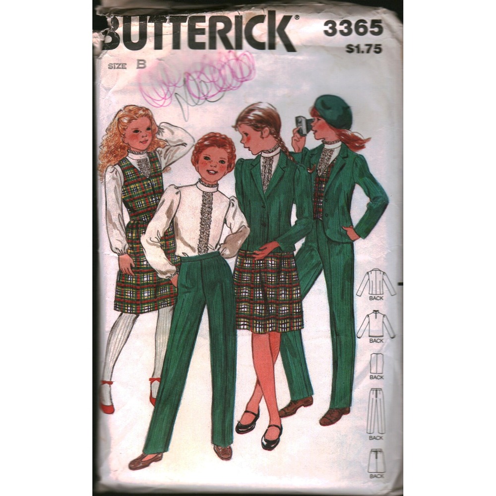 Vintage Butterick 3365 Girls Jacket Vest Blouse Skirt Pants Pattern Size B 8-12